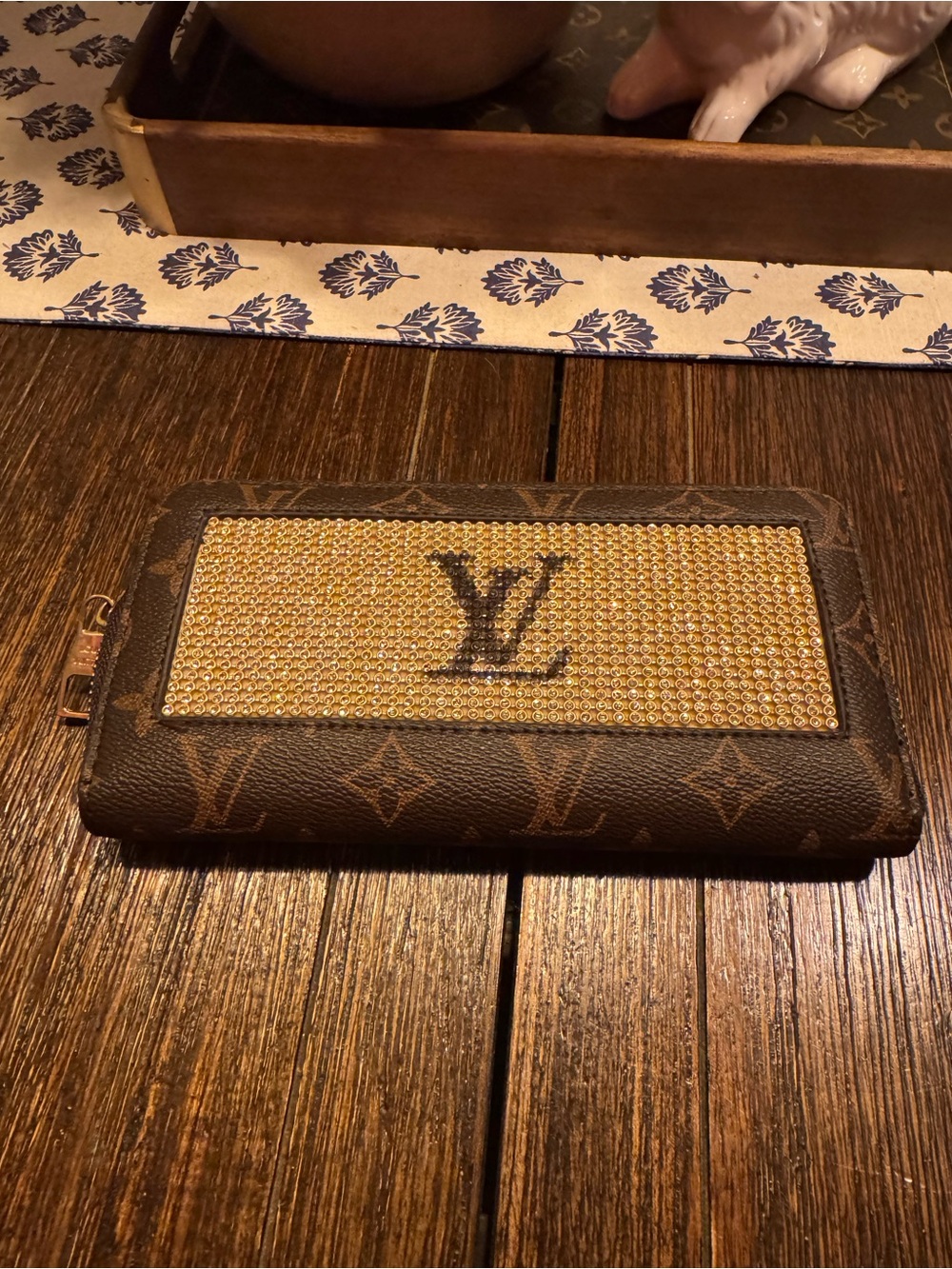 Brown Monogram Zip Wallet with Gold Crystal Panel- zip wallet large